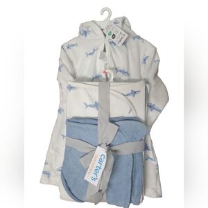 Carter's Blue Shark Hooded Towel, Bath Towel And Bath Robe Set 0-9 Months Nwt